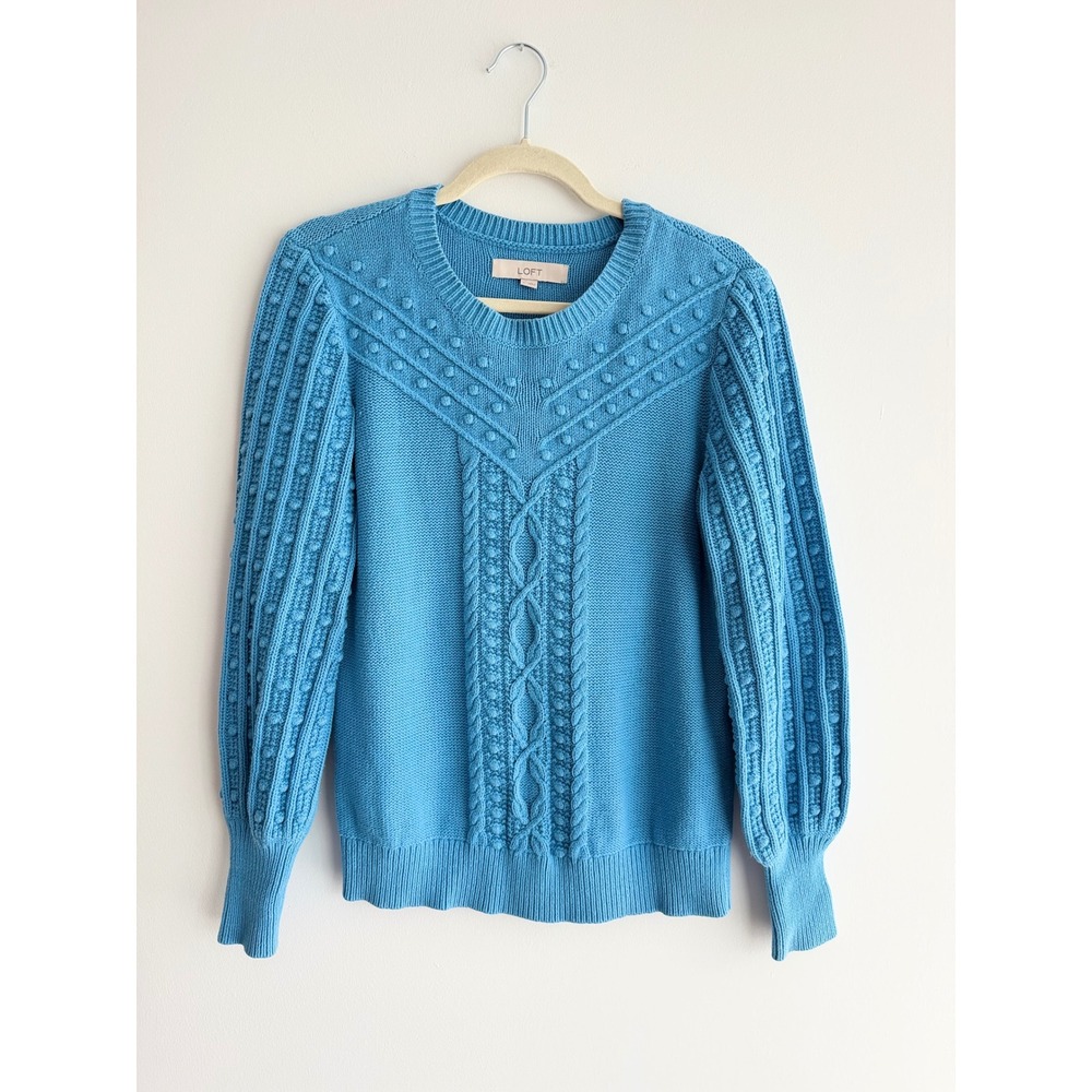 Loft Blue Cable Knit Bobble Sweater Women Long Sleeve Crew Neck Cotton SM